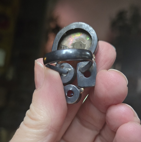 Ammonite garnet & pearl gemstone sterling rhodium & gold Ring sz7.5 - Picture 6 of 9